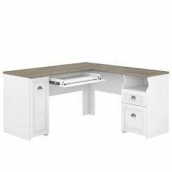 Bush Furniture Fairview 60" L-Shaped Desk With Drawers & Storage Cabinet - Shiplap Gray/Pure White | Laminated Wood Office Desk