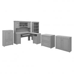 Bush Furniture Fairview 60" L-Shaped Desk With Hutch & Storage | Cape Cod Gray