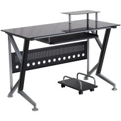 Flash Furniture Black Glass Computer Desk with Pull-Out Keyboard Tray & CPU Cart