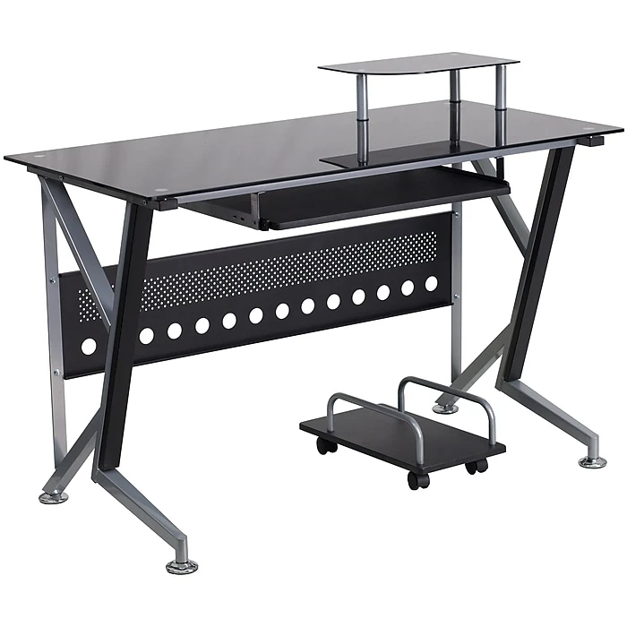 Flash Furniture Black Glass Computer Desk with Pull-Out Keyboard Tray & CPU Cart 1 Flash Furniture Black Glass Computer Desk with Pull-Out Keyboard Tray & CPU Cart