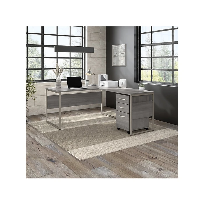 Bush Business Furniture HYB029PGSU 60" L-Shaped Desk with Mobile File Cabinet, Platinum Gray - Laminated Wood Office Desk 2 Bush Business Furniture HYB029PGSU 60" L-Shaped Desk with Mobile File Cabinet, Platinum Gray - Laminated Wood Office Desk - Image 2