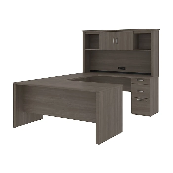 Bestar Logan 66W U or L-Shaped Executive Desk with Pedestal & Hutch - Bark Grey 1 Bestar Logan 66W U or L-Shaped Executive Desk with Pedestal & Hutch - Bark Grey