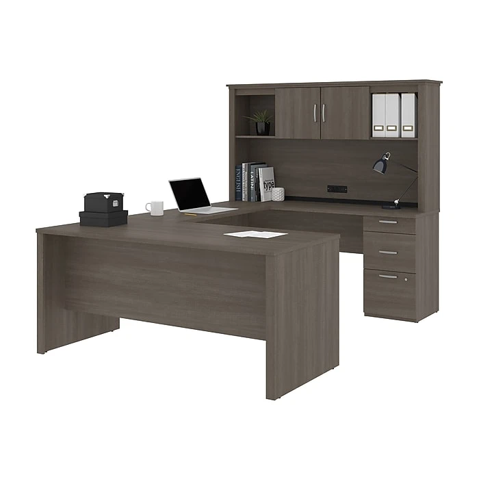 Bestar Logan 66W U or L-Shaped Executive Desk with Pedestal & Hutch - Bark Grey 3 Bestar Logan 66W U or L-Shaped Executive Desk with Pedestal & Hutch - Bark Grey - Image 3