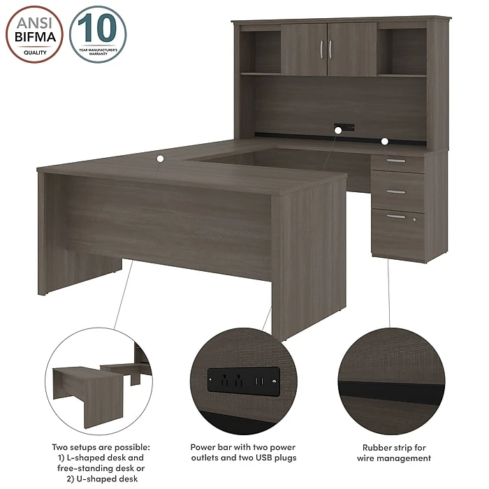 Bestar Logan 66W U or L-Shaped Executive Desk with Pedestal & Hutch - Bark Grey 6 Bestar Logan 66W U or L-Shaped Executive Desk with Pedestal & Hutch - Bark Grey - Image 6