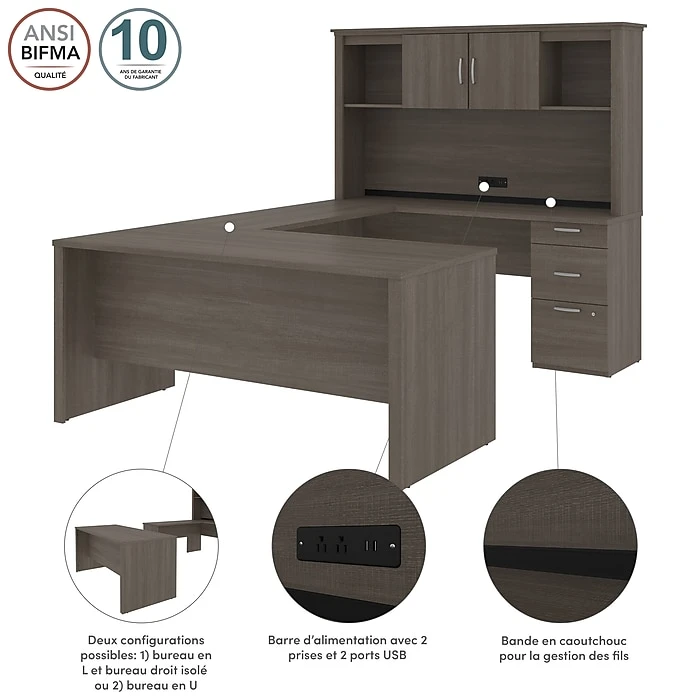 Bestar Logan 66W U or L-Shaped Executive Desk with Pedestal & Hutch - Bark Grey 7 Bestar Logan 66W U or L-Shaped Executive Desk with Pedestal & Hutch - Bark Grey - Image 7