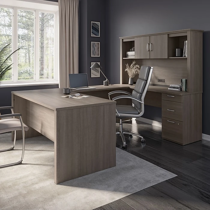 Bestar Logan 66W U or L-Shaped Executive Desk with Pedestal & Hutch - Bark Grey 8 Bestar Logan 66W U or L-Shaped Executive Desk with Pedestal & Hutch - Bark Grey - Image 8