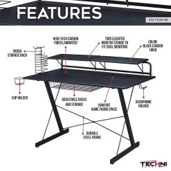 Techni Sport Carbon Gaming Desk with Shelves - Black (RTA-TS200-BK) | Durable Laminate Surface -Computer Office Desks Shop unnamed file 493