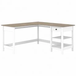 Bush Furniture Mayfield 60" L-Shaped Computer Desk With Storage - Pure White/Shiplap Gray | Laminated Wood Desk