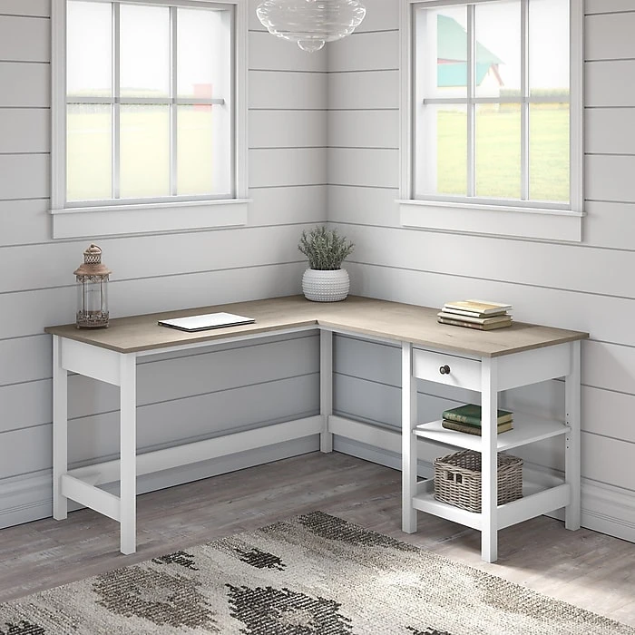 Bush Furniture Mayfield 60" L-Shaped Computer Desk With Storage - Pure White/Shiplap Gray | Laminated Wood Desk 2 Bush Furniture Mayfield 60" L-Shaped Computer Desk With Storage - Pure White/Shiplap Gray | Laminated Wood Desk - Image 2