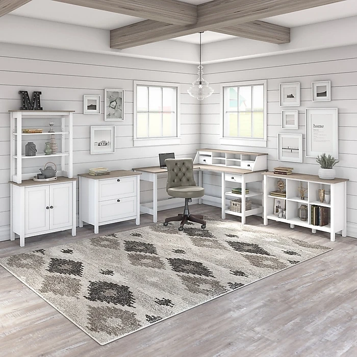 Bush Furniture Mayfield 60" L-Shaped Computer Desk With Storage - Pure White/Shiplap Gray | Laminated Wood Desk 5 Bush Furniture Mayfield 60" L-Shaped Computer Desk With Storage - Pure White/Shiplap Gray | Laminated Wood Desk - Image 5