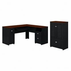 Bush Furniture Fairview 60" L-Shaped Desk with 2-Door Storage Cabinet & File Drawer - Antique Black/Hansen Cherry | Laminated Wood Office Furniture
