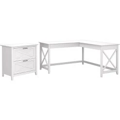 Bush Furniture Key West 60" L-Shaped Desk With Lateral File Cabinet, Pure White Oak - Durable Laminated Wood Office Furniture