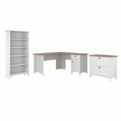 Bush Furniture Salinas 60" L-Shaped Desk with Lateral File Cabinet & 5-Shelf Bookcase, Shiplap Gray/Pure White