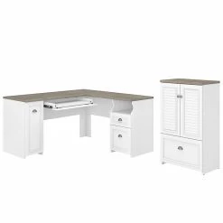 Bush Furniture Fairview 60" L-Shaped Desk with Storage Cabinet | Shiplap Gray/Pure White