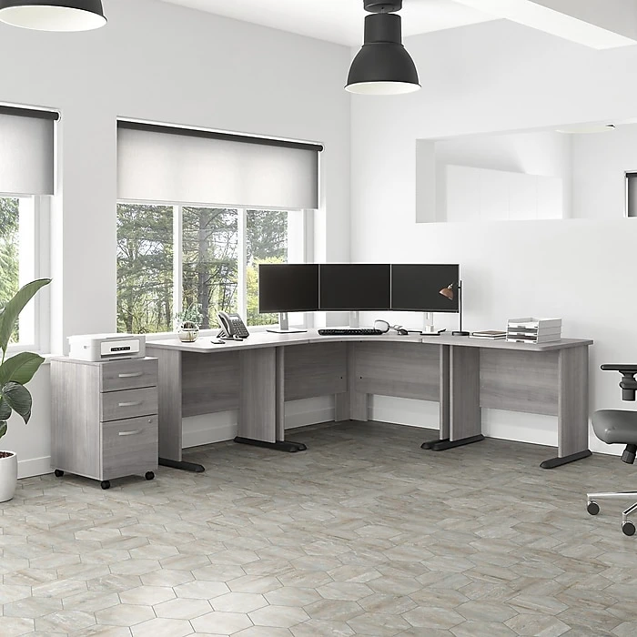 Bush Business Furniture Studio A 83"W Corner Desk with 3-Drawer Mobile File Cabinet, Platinum Gray | Laminated Wood Workspace Solution 2 Bush Business Furniture Studio A 83"W Corner Desk with 3-Drawer Mobile File Cabinet, Platinum Gray | Laminated Wood Workspace Solution - Image 2