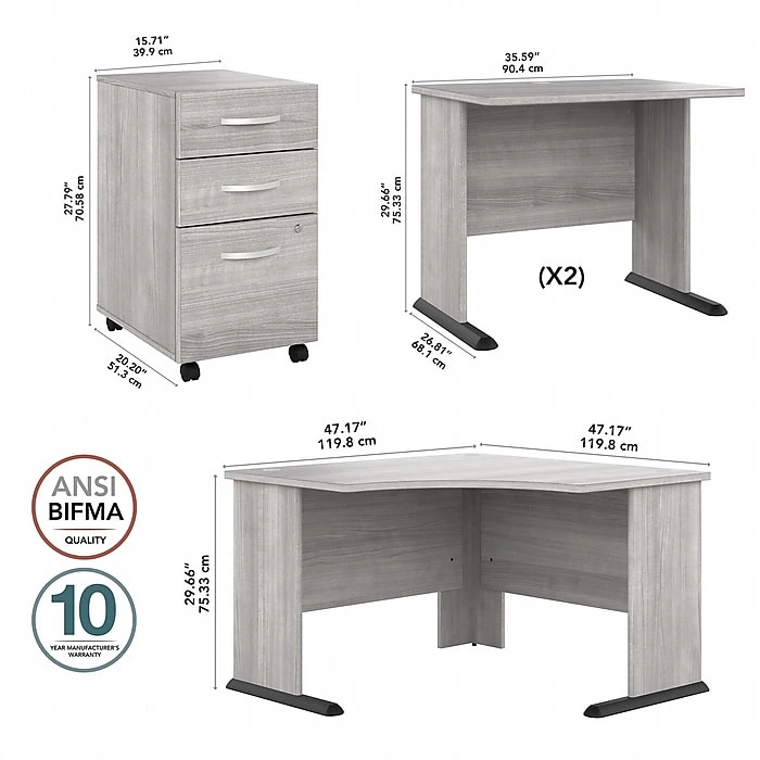 Bush Business Furniture Studio A 83"W Corner Desk with 3-Drawer Mobile File Cabinet, Platinum Gray | Laminated Wood Workspace Solution 6 Bush Business Furniture Studio A 83"W Corner Desk with 3-Drawer Mobile File Cabinet, Platinum Gray | Laminated Wood Workspace Solution - Image 6