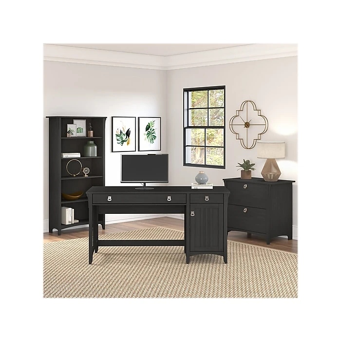 Bush Furniture Salinas 60"W Computer Desk with Bookcase & Lateral File Cabinet, Vintage Black (SAL076VB) | Laminated Wood Office Desk 2 Bush Furniture Salinas 60"W Computer Desk with Bookcase & Lateral File Cabinet, Vintage Black (SAL076VB) | Laminated Wood Office Desk - Image 2