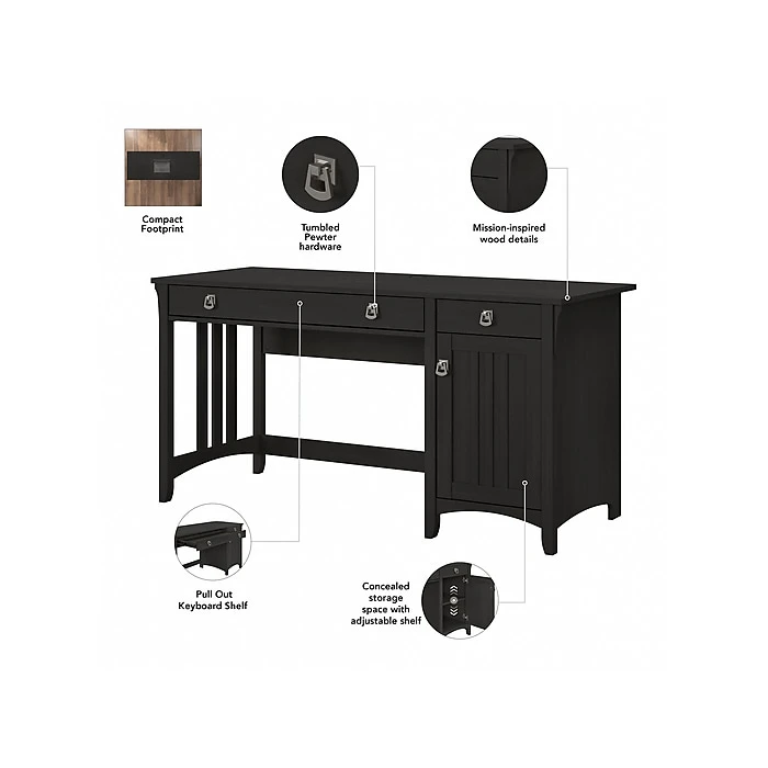 Bush Furniture Salinas 60"W Computer Desk with Bookcase & Lateral File Cabinet, Vintage Black (SAL076VB) | Laminated Wood Office Desk 3 Bush Furniture Salinas 60"W Computer Desk with Bookcase & Lateral File Cabinet, Vintage Black (SAL076VB) | Laminated Wood Office Desk - Image 3