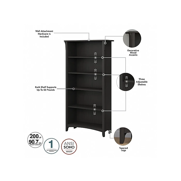 Bush Furniture Salinas 60"W Computer Desk with Bookcase & Lateral File Cabinet, Vintage Black (SAL076VB) | Laminated Wood Office Desk 5 Bush Furniture Salinas 60"W Computer Desk with Bookcase & Lateral File Cabinet, Vintage Black (SAL076VB) | Laminated Wood Office Desk - Image 5