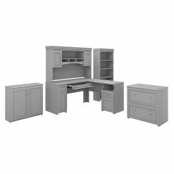 Bush Furniture Fairview 60" L-Shaped Desk with Hutch, File Cabinet & Bookcase - Cape Cod Gray