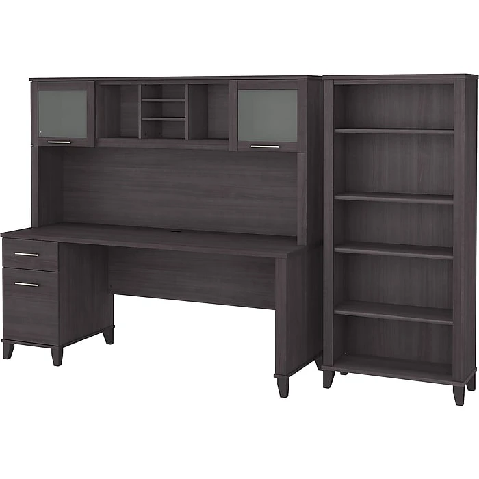 Bush Furniture Somerset 72" Computer Desk with Hutch and 5-Shelf Bookcase, Storm Gray (SET020SG) 1 Bush Furniture Somerset 72" Computer Desk with Hutch and 5-Shelf Bookcase, Storm Gray (SET020SG)