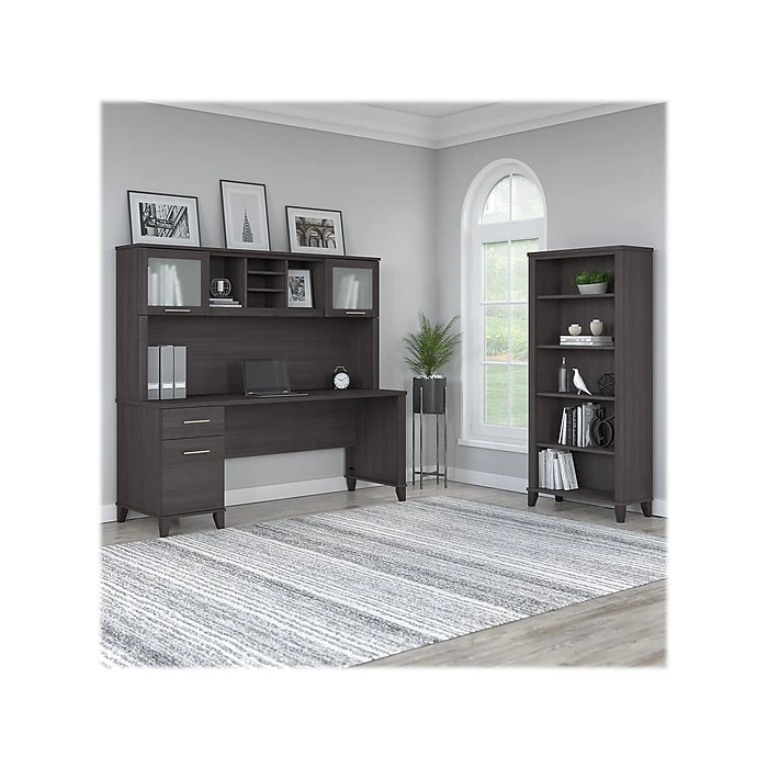 Bush Furniture Somerset 72" Computer Desk with Hutch and 5-Shelf Bookcase, Storm Gray (SET020SG) 2 Bush Furniture Somerset 72" Computer Desk with Hutch and 5-Shelf Bookcase, Storm Gray (SET020SG) - Image 2