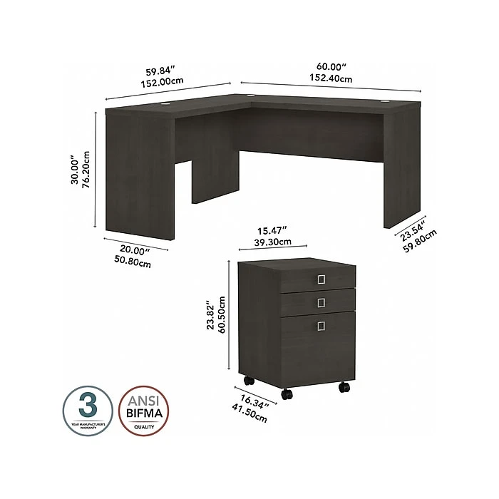 Kathy Ireland Office Echo 60" L-Shaped Desk with Mobile File Cabinet, Charcoal Maple - Space-Saving & Stylish 4 Kathy Ireland Office Echo 60" L-Shaped Desk with Mobile File Cabinet, Charcoal Maple - Space-Saving & Stylish - Image 4