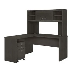 Office By Kathy Ireland® Echo 60"W L-Shaped Desk With Hutch And Mobile File Cabinet - Charcoal Maple | Laminated Wood Office Furniture