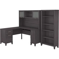 Bush Somerset 60" L-Shaped Desk with Hutch & 5-Shelf Bookcase | Storm Gray | Laminated Wood Office Furniture