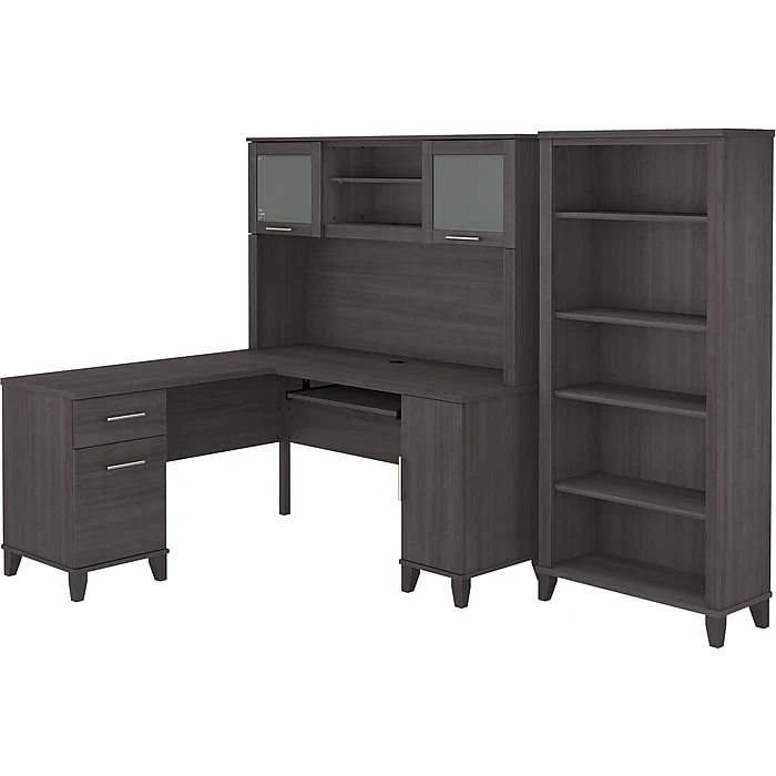 Bush Somerset 60" L-Shaped Desk with Hutch & 5-Shelf Bookcase | Storm Gray | Laminated Wood Office Furniture 1 Bush Somerset 60" L-Shaped Desk with Hutch & 5-Shelf Bookcase | Storm Gray | Laminated Wood Office Furniture