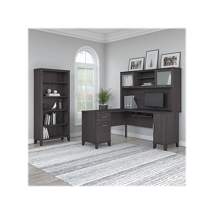 Bush Somerset 60" L-Shaped Desk with Hutch & 5-Shelf Bookcase | Storm Gray | Laminated Wood Office Furniture 2 Bush Somerset 60" L-Shaped Desk with Hutch & 5-Shelf Bookcase | Storm Gray | Laminated Wood Office Furniture - Image 2