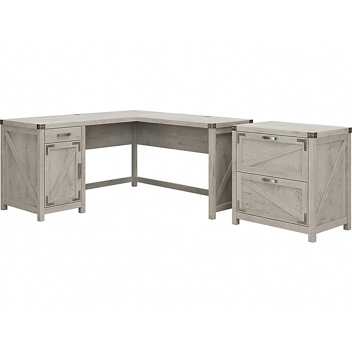 Kathy Ireland® Home Cottage Grove 60" L-Shaped Desk with Lateral File Cabinet, Cottage White 1 Kathy Ireland® Home Cottage Grove 60" L-Shaped Desk with Lateral File Cabinet, Cottage White