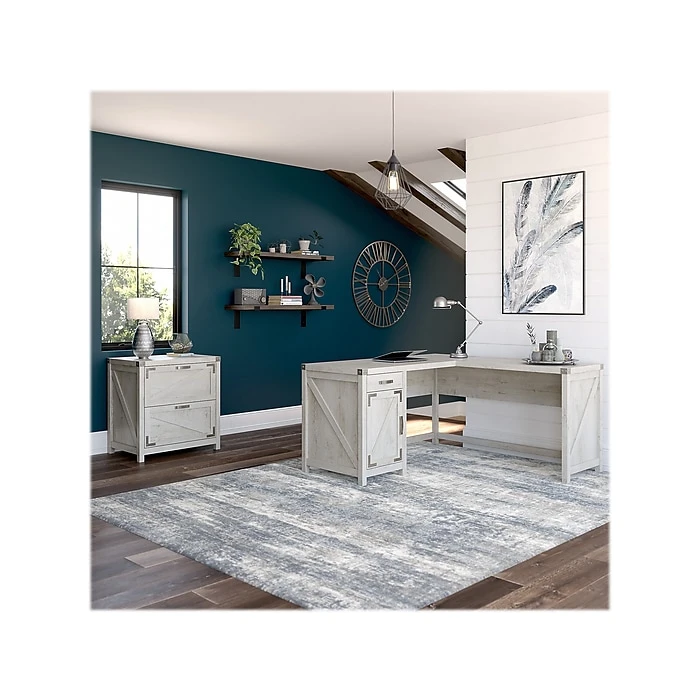 Kathy Ireland® Home Cottage Grove 60" L-Shaped Desk with Lateral File Cabinet, Cottage White 2 Kathy Ireland® Home Cottage Grove 60" L-Shaped Desk with Lateral File Cabinet, Cottage White - Image 2