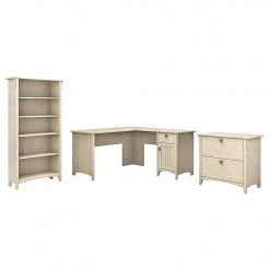 Bush Furniture Salinas 60W L-Shaped Desk with File Cabinet & Bookcase, Antique White – Compact Office Solution