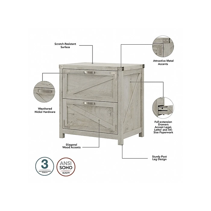 Kathy Ireland® Home Cottage Grove 60" L-Shaped Desk with Lateral File Cabinet, Cottage White 4 Kathy Ireland® Home Cottage Grove 60" L-Shaped Desk with Lateral File Cabinet, Cottage White - Image 4