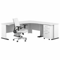 Bush Business Furniture Studio A 83" Large Corner Gaming Desk with Chair & Drawers, White STA011WHSU - Ergonomic Laminated Wood Desk