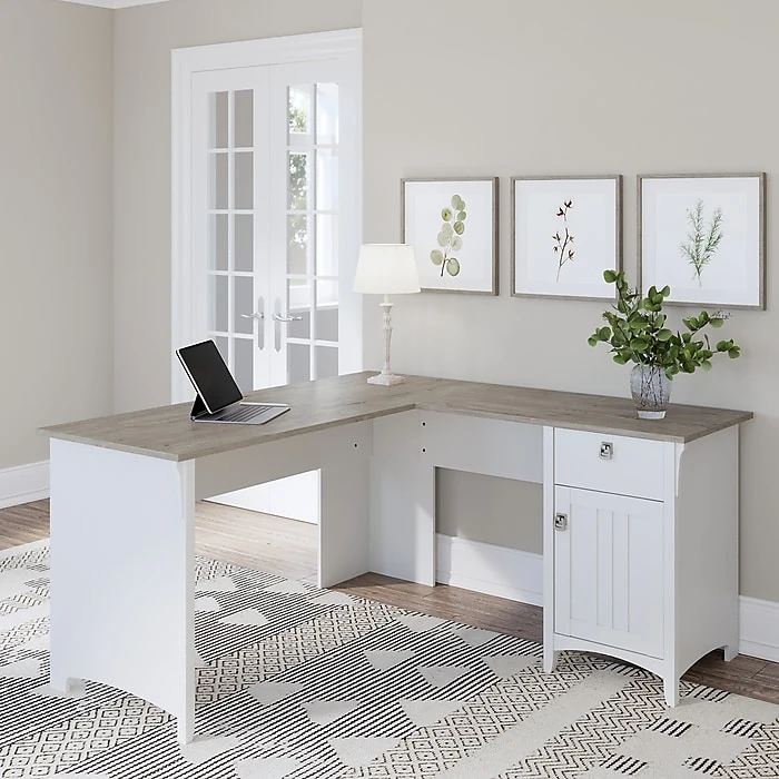 Bush Furniture Salinas 60" L-Shaped Desk, Shiplap Gray/Pure White - Durable Laminated Wood Design 2 Bush Furniture Salinas 60" L-Shaped Desk, Shiplap Gray/Pure White - Durable Laminated Wood Design - Image 2