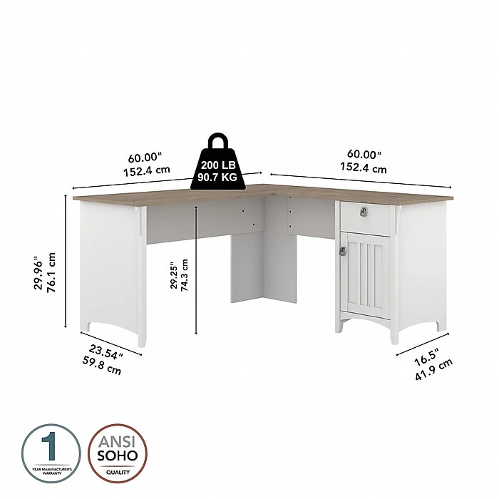 Bush Furniture Salinas 60" L-Shaped Desk, Shiplap Gray/Pure White - Durable Laminated Wood Design 4 Bush Furniture Salinas 60" L-Shaped Desk, Shiplap Gray/Pure White - Durable Laminated Wood Design - Image 4