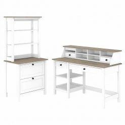 Bush Furniture Mayfield 54" Computer Desk with Shelves, Desktop Organizer, Lateral File, Hutch, Pure White/Gray - Laminated Wood Office Desk