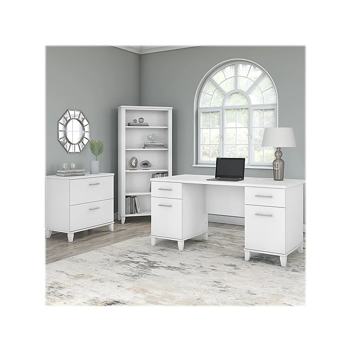 Bush Furniture Somerset 60"W Office Desk with Lateral File Cabinet & 5-Shelf Bookcase, White - Space-Saving Laminated Wood Desk Set (SET013WH) 2 Bush Furniture Somerset 60"W Office Desk with Lateral File Cabinet & 5-Shelf Bookcase, White - Space-Saving Laminated Wood Desk Set (SET013WH) - Image 2