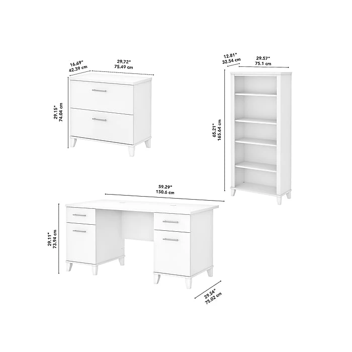 Bush Furniture Somerset 60"W Office Desk with Lateral File Cabinet & 5-Shelf Bookcase, White - Space-Saving Laminated Wood Desk Set (SET013WH) 5 Bush Furniture Somerset 60"W Office Desk with Lateral File Cabinet & 5-Shelf Bookcase, White - Space-Saving Laminated Wood Desk Set (SET013WH) - Image 5