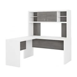 Office By Kathy Ireland® Echo 60"W L-Shaped Desk with Hutch, Pure White/Modern Gray - Stylish & Functional Office Furniture
