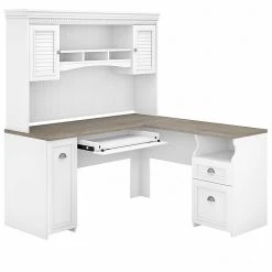 Bush Furniture Fairview 60" L-Shaped Desk With Hutch - Shiplap Gray/Pure White - Durable Laminated Wood Office Furniture