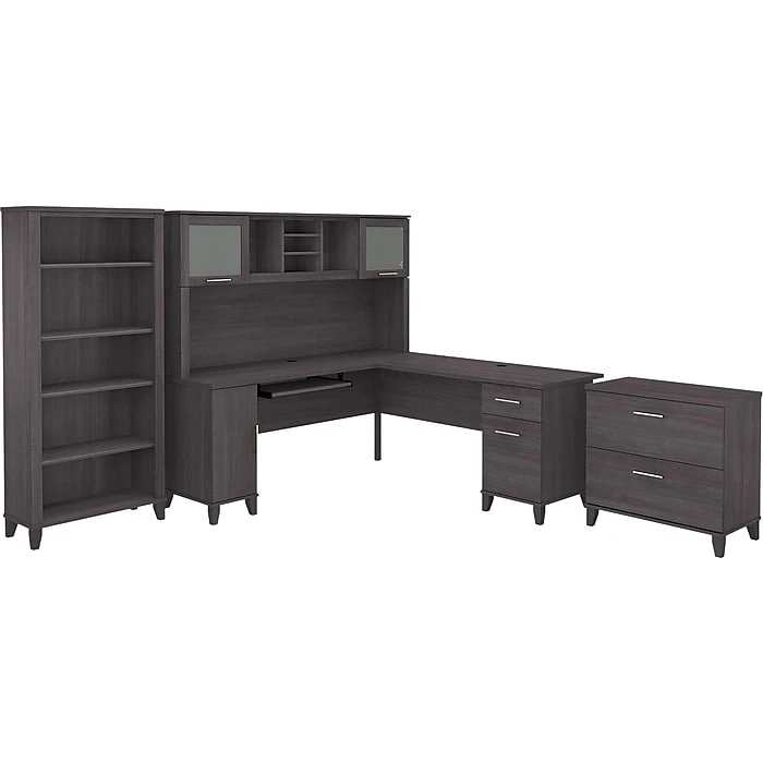 Bush Furniture Somerset 72"W L-Shaped Desk with Hutch, Lateral File Cabinet, and Bookcase – Storm Gray (SET012SG) 1 Bush Furniture Somerset 72"W L-Shaped Desk with Hutch, Lateral File Cabinet, and Bookcase – Storm Gray (SET012SG)
