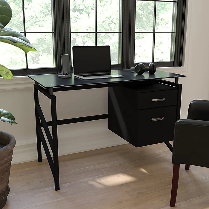 Flash Furniture 46" Black Glass Computer Desk - Stylish & Durable (NANWK036) 2 Flash Furniture 46" Black Glass Computer Desk - Stylish & Durable (NANWK036) - Image 2