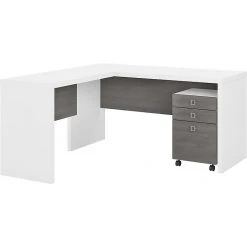 Office By Kathy Ireland® Echo 60"W L-Shaped Desk with Mobile File Cabinet, Pure White/Modern Gray - Durable Laminated Wood Office Furniture