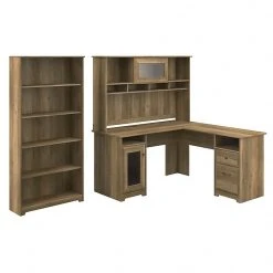 Bush Furniture Cabot 60"W L-Shaped Desk With Hutch & 5-Shelf Bookcase, Reclaimed Pine - Space-Saving Office Solution