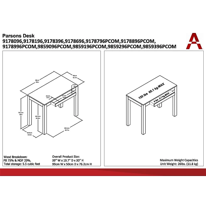 Ameriwood Home Parsons 39"W Black Laminate Desk with Drawer, Stylish & Functional Workspace Furniture 8 Ameriwood Home Parsons 39"W Black Laminate Desk with Drawer, Stylish & Functional Workspace Furniture - Image 8