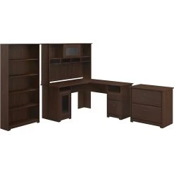Bush Furniture Cabot 60" L-Shaped Desk With Hutch, 5-Shelf Bookcase & Lateral File Cabinet, Modern Walnut (CAB010MW) - Space-Saving Office Furniture