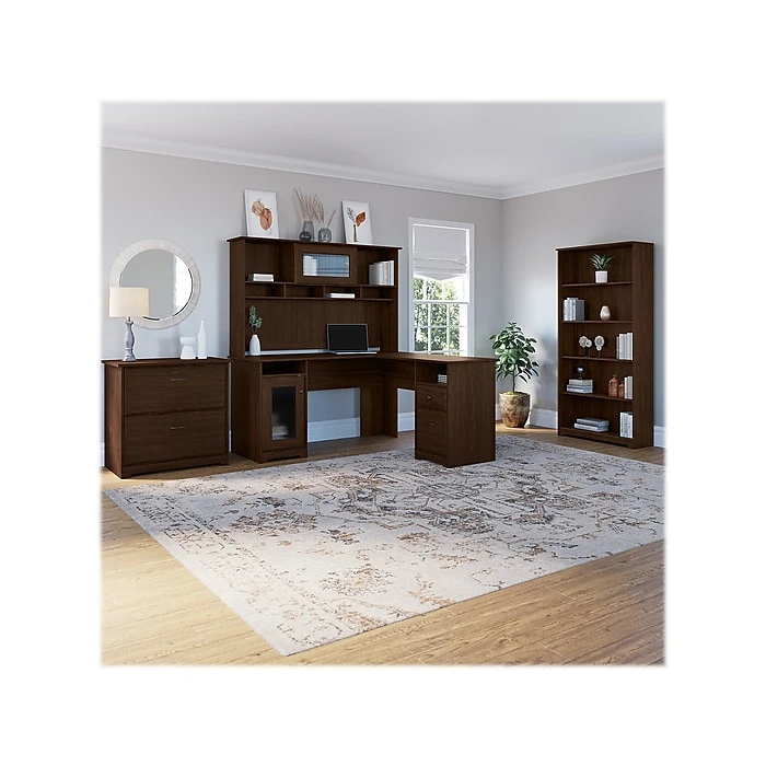 Bush Furniture Cabot 60" L-Shaped Desk With Hutch, 5-Shelf Bookcase & Lateral File Cabinet, Modern Walnut (CAB010MW) - Space-Saving Office Furniture 2 Bush Furniture Cabot 60" L-Shaped Desk With Hutch, 5-Shelf Bookcase & Lateral File Cabinet, Modern Walnut (CAB010MW) - Space-Saving Office Furniture - Image 2
